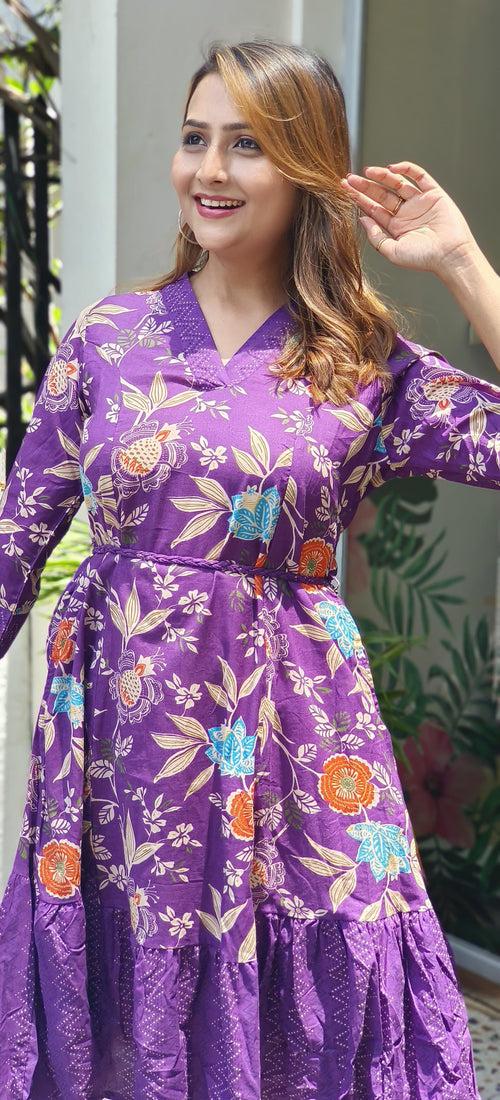 Purple Floral Cotton V -neck printed Knee Length Collar Frock with 3/4th Sleeves