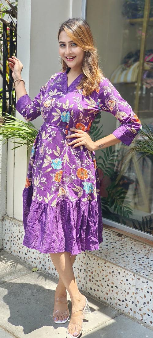 Purple Floral Cotton V -neck printed Knee Length Collar Frock with 3/4th Sleeves