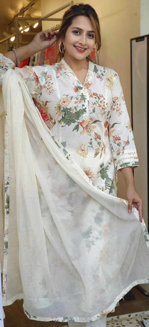 Embroidered V Neck Floral  Cotton kurta with pant and Shaded Chiffon Dupatta 05025