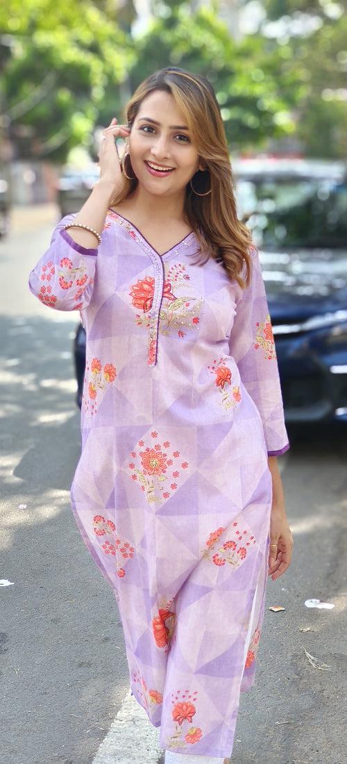 V Neck Floral printed Cotton Only Kurti -0