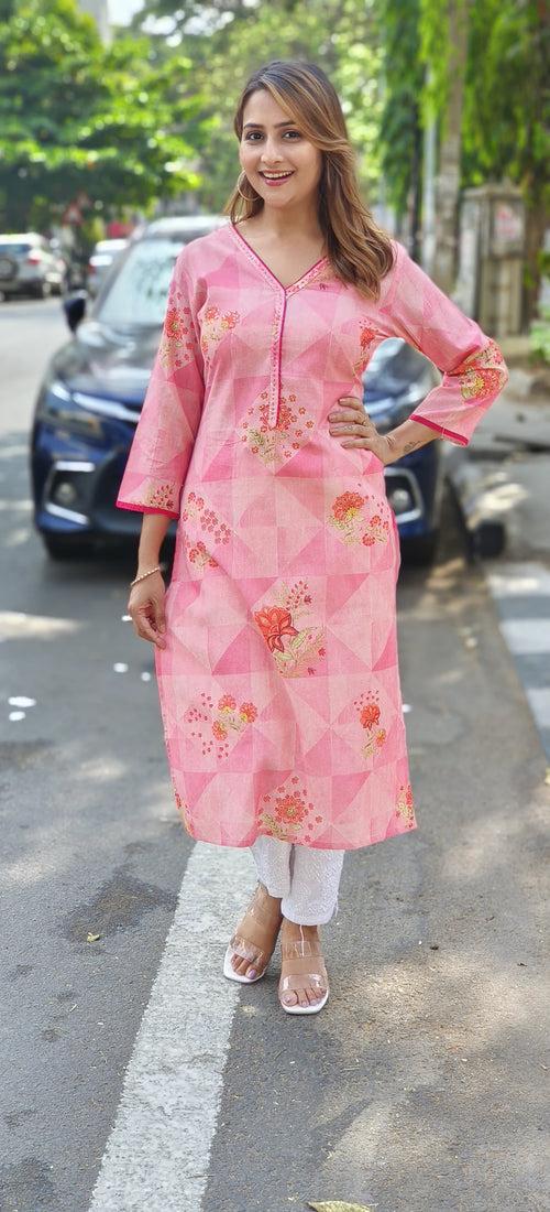 V Neck Floral printed Cotton Only Kurti -0