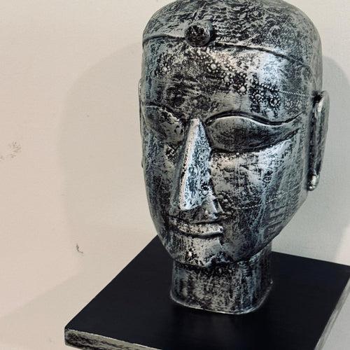 Amba 5 : Wooden Sculpture Head on pedestal (Single,  Silver)