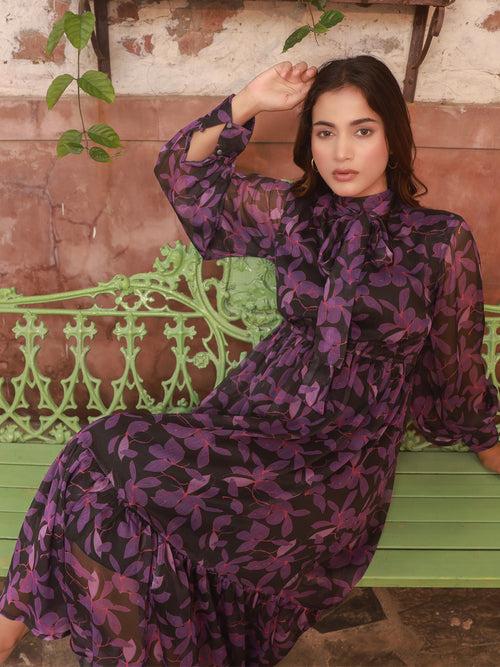 IS.U Floral Purple Front Tie Knot Midaxi Dress