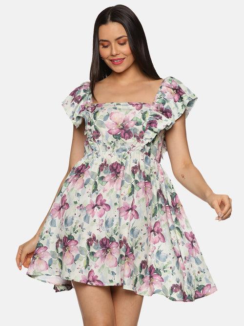 IS.U Floral Multicolor Back Tie-Up Mini Dress