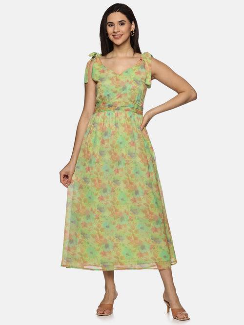 IS.U Floral Green Tie-up Detailed Maxi Dress