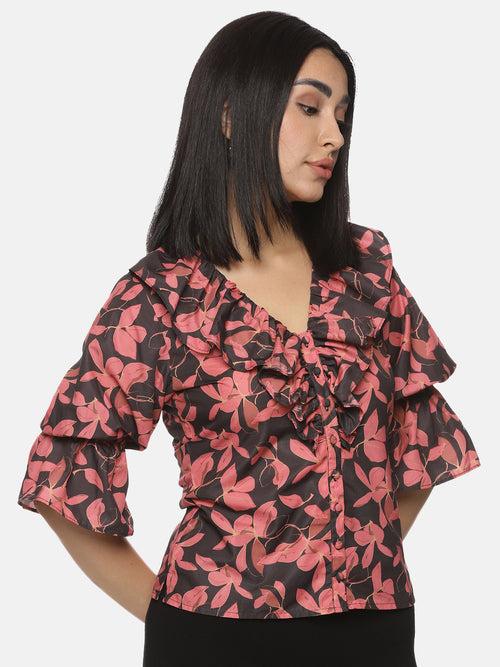 IS.U Floral Black Front Ruffle Top