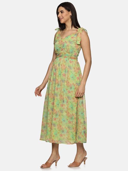 IS.U Floral Green Tie-up Detailed Maxi Dress