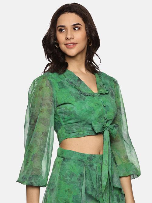 IS.U Floral Green Front Tie-Knot Crop Top