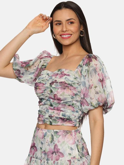 IS.U Floral Multicolor Ruching Detail Crop Top