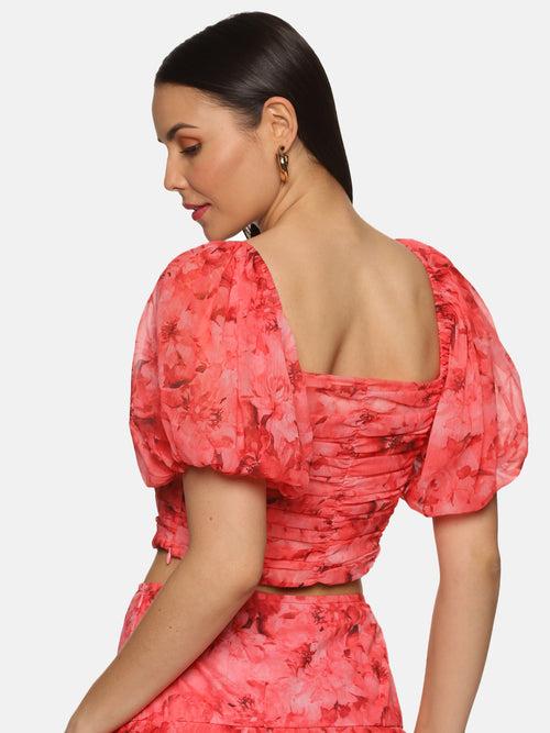 IS.U Floral Coral Ruching Detail Co-ord Set