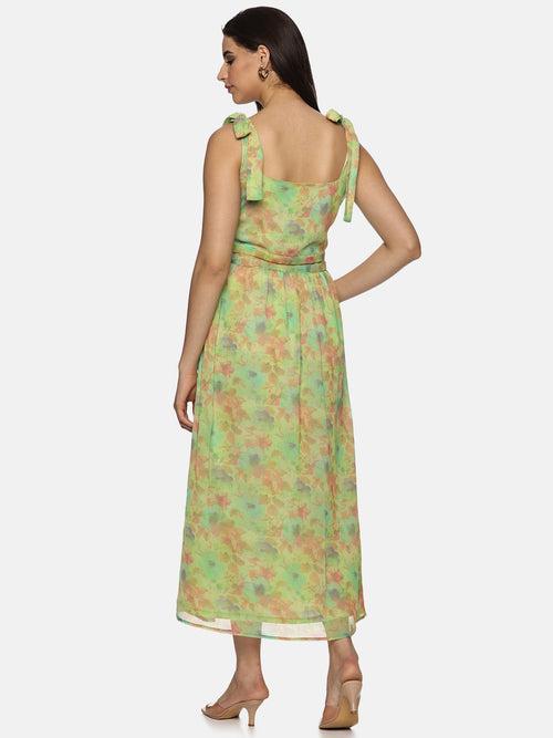 IS.U Floral Green Tie-up Detailed Maxi Dress