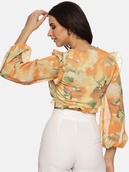 IS.U Floral Yellow Front Gathered Crop Top