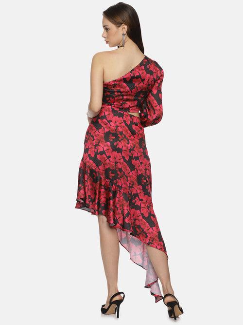 IS.U Floral Red One Shoulder Assymetrical Dress