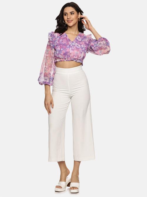 IS.U Floral Purple Front Gathered Crop Top