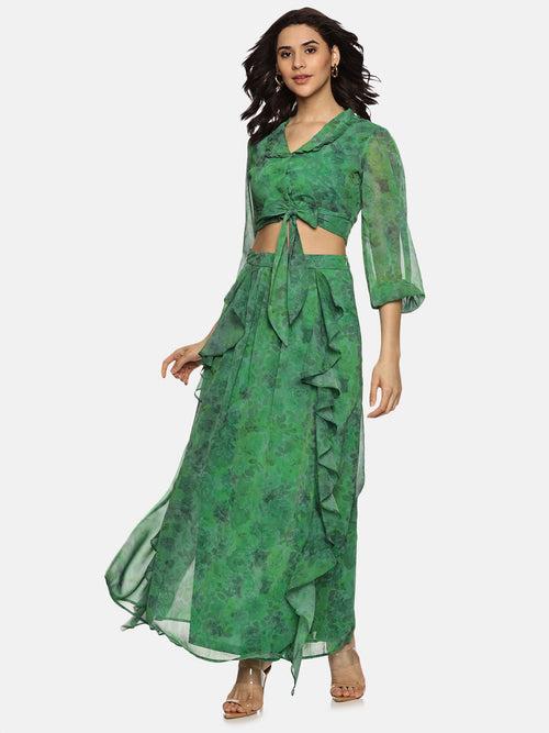 IS.U Floral Green Front Tie-Knot Crop Top