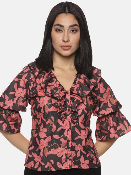 IS.U Floral Black Front Ruffle Top