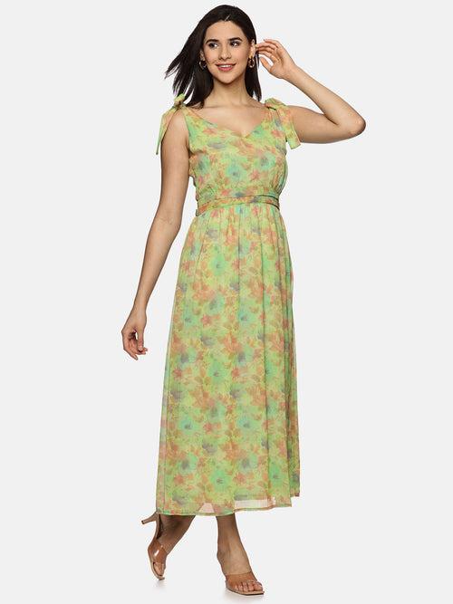 IS.U Floral Green Tie-up Detailed Maxi Dress