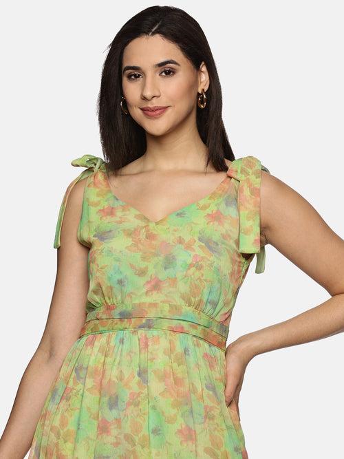 IS.U Floral Green Tie-up Detailed Maxi Dress