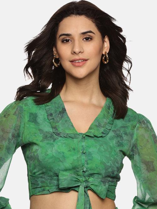 IS.U Floral Green Front Tie-Knot Crop Top