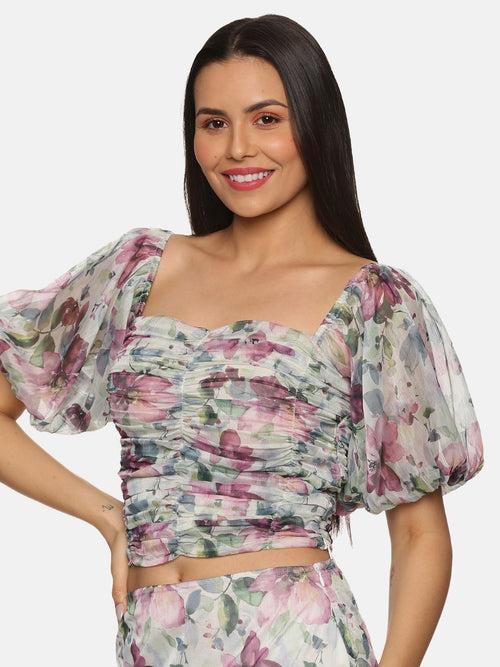 IS.U Floral Multicolor Ruching Detail Crop Top