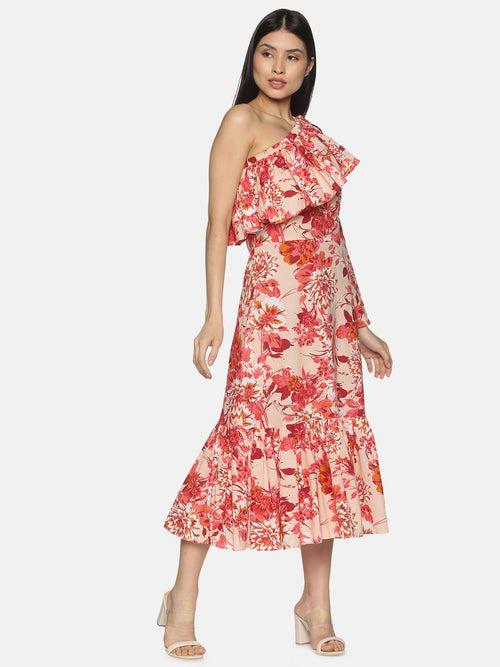 IS.U Pink Floral Ruffled One-shoulder Midaxi Dress