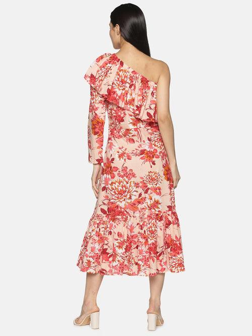 IS.U Pink Floral Ruffled One-shoulder Midaxi Dress