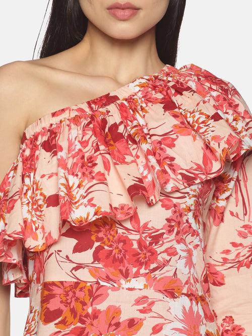 IS.U Pink Floral Ruffled One-shoulder Midaxi Dress