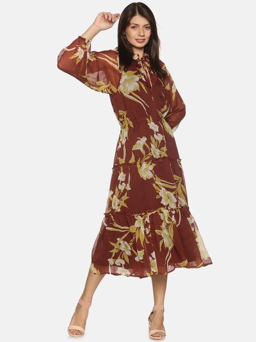 IS.U Maroon Balloon Sleeve Tiered Midi Dress