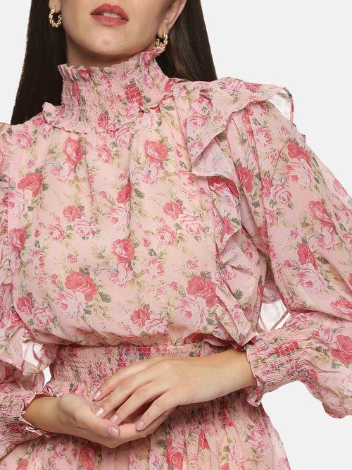 IS.U SMOCKED SLEEVE RUFFLED TOP