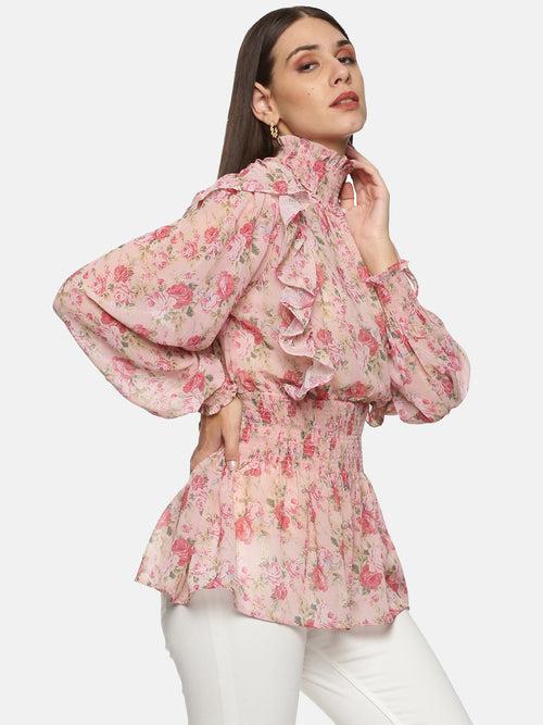 IS.U SMOCKED SLEEVE RUFFLED TOP