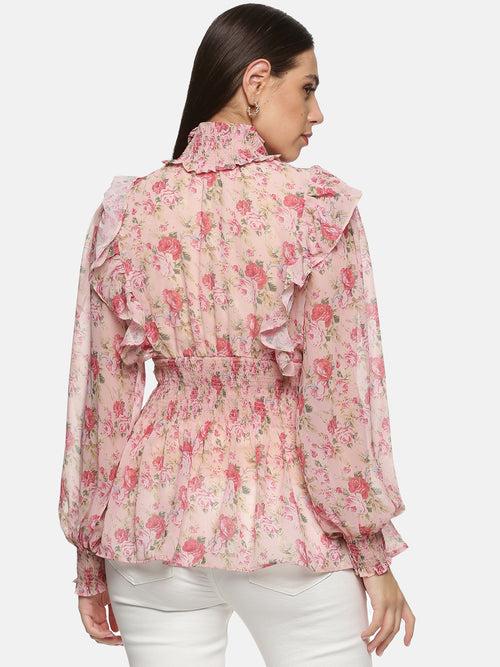 IS.U SMOCKED SLEEVE RUFFLED TOP