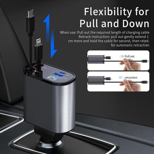 Retractable Car Charger, 120W 4 in 1 Superfast Car Charger, Type C & USB Charging Ports