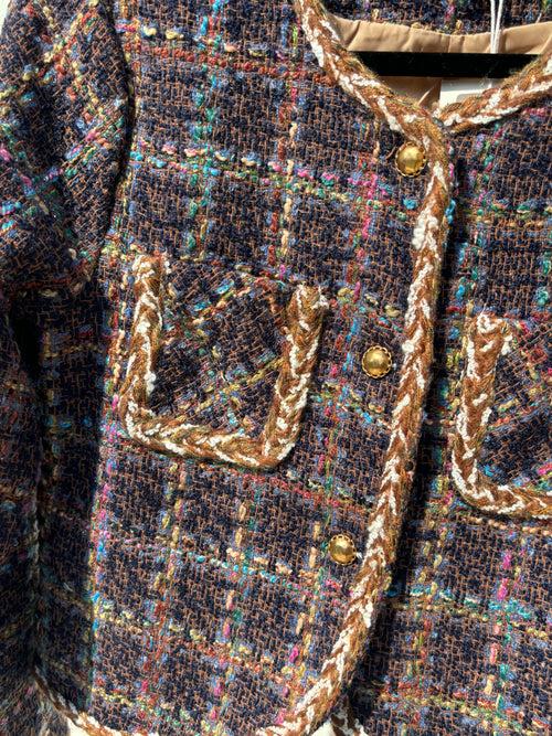 Dark blue with multi coloured check tweed jacket