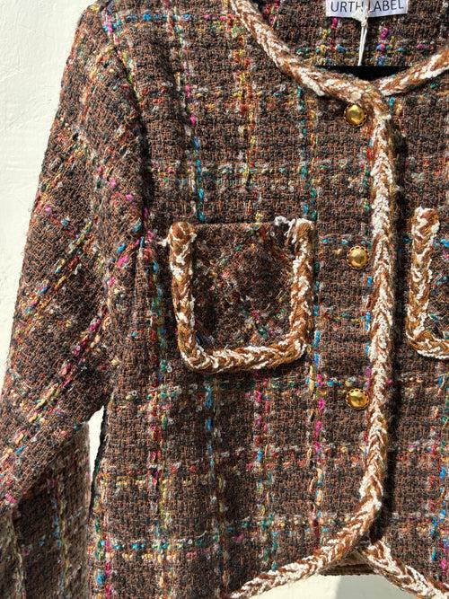 Brown with multi coloured check tweed jacket