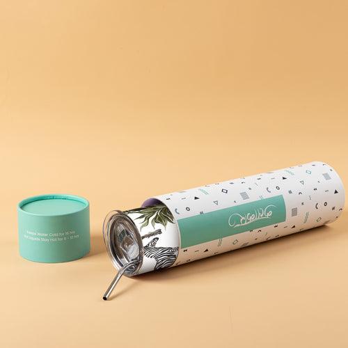 Stainless Steel Designer Water Bottle With Metal Straw ( Rainforest Zoo )