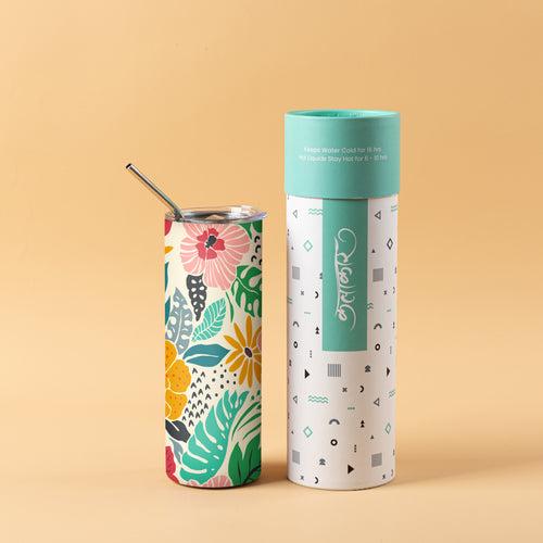 Stainless Steel Designer Water Bottle With Metal Straw ( Tropical Floral )