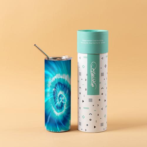 Stainless Steel Designer Water Bottle With Metal Straw ( Blue Tie Die )