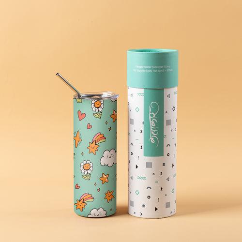 Stainless Steel Designer Water Bottle With Metal Straw ( Cute Stars And Cloud Pattern )