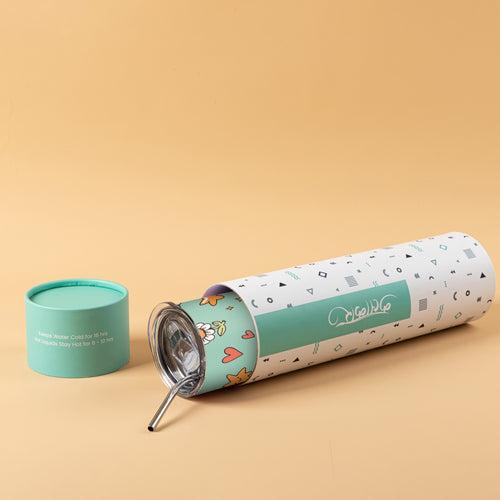 Stainless Steel Designer Water Bottle With Metal Straw ( Cute Stars And Cloud Pattern )