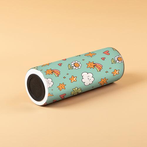 Stainless Steel Designer Water Bottle With Metal Straw ( Cute Stars And Cloud Pattern )