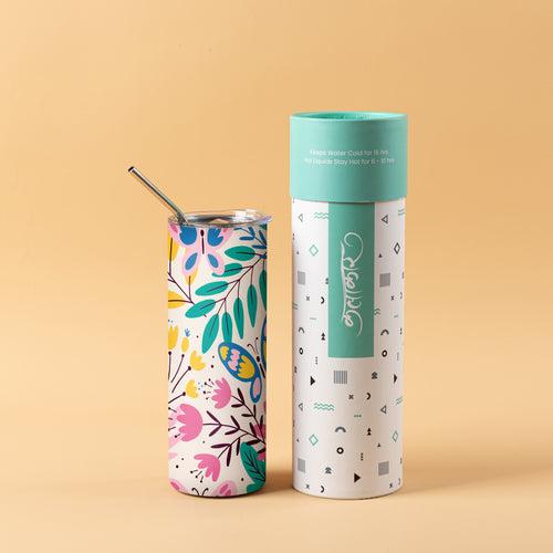 Stainless Steel Designer Water Bottle With Metal Straw ( Butterfly And Floral )