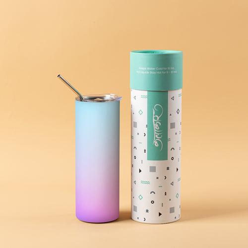 Stainless Steel Designer Water Bottle With Metal Straw ( Blue And Pink Gradient )