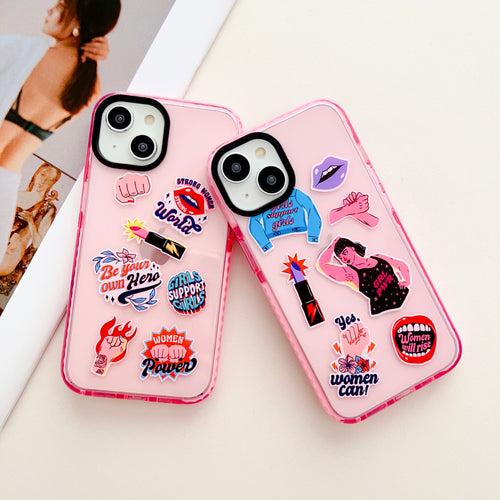 Women Can ! Assorted Stickers Designer Impact Proof Silicon Phone Case for iPhone