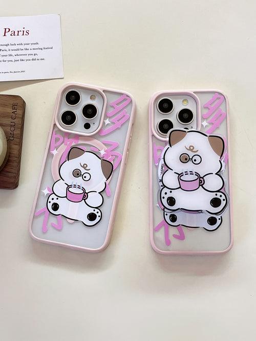 Cute Teddy Drinking Coffee Designer Silicon Case for iPhone With Magsafe Holder