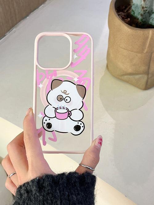 Cute Teddy Drinking Coffee Designer Silicon Case for iPhone With Magsafe Holder