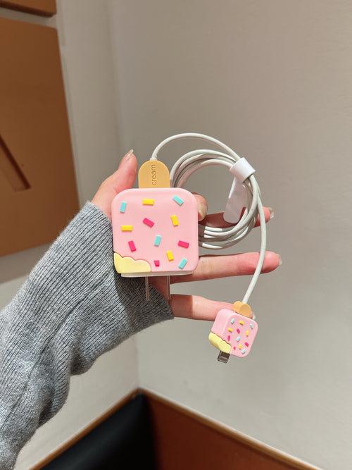 Cute Silicon Pink Ice Cream Designer Charger Case for iPhone Chargers ( Compatiible for Indian Chargers )