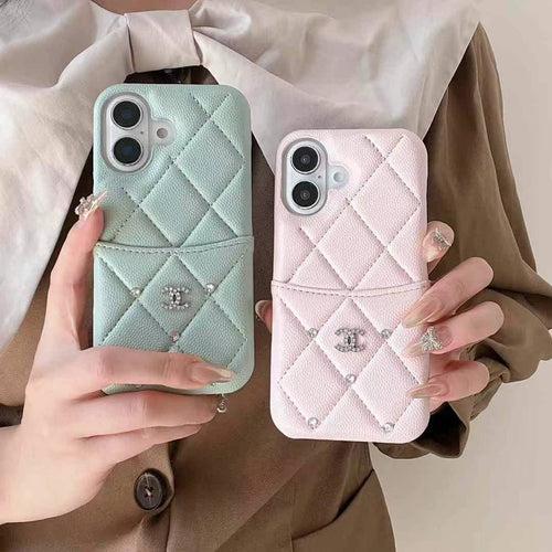 Luxury Branded Leather Quilted iPhone Case With Rhinestone And Card Holder