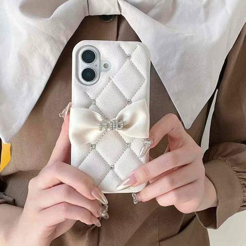 Cute Bow Style Luxury Branded Quilted Leather Case for iPhone