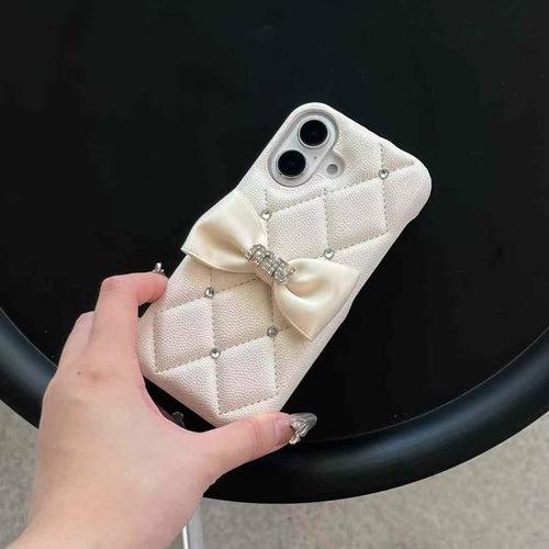 Cute Bow Style Luxury Branded Quilted Leather Case for iPhone