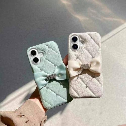 Cute Bow Style Luxury Branded Quilted Leather Case for iPhone